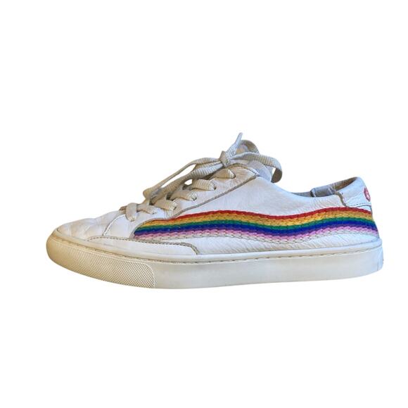 Soludos x Lockhart Embroidery Good Vibes White Leather Rainbow Hippie Shoes Sz 8 - Picture 2 of 16